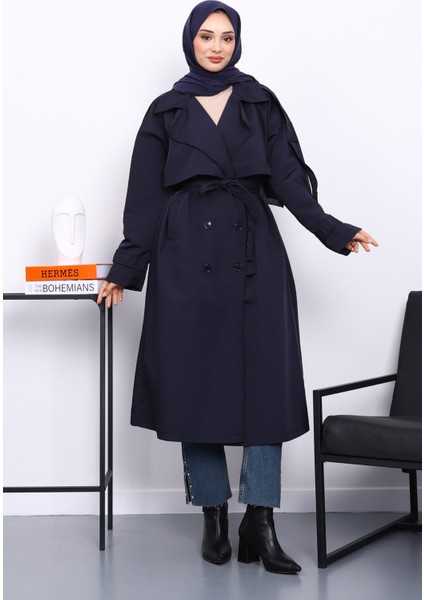 Lacivert Kruvaze Yaka Astarlı Trençkot