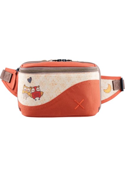 Turuncu Baykuş Desenli Kanvas Unisex Göğüs ve Bel Çantası