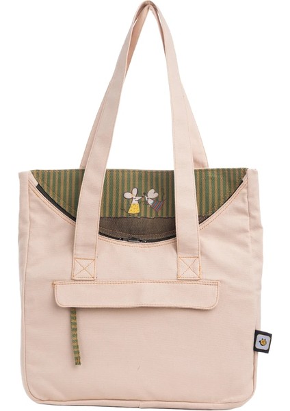 Krem Fare Desenli Canvas Kumaş Omuz Çantası