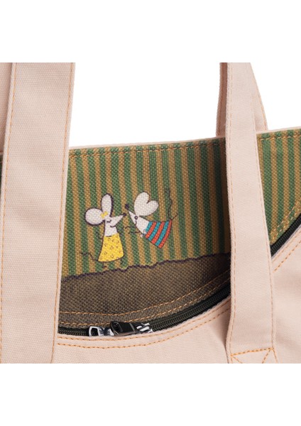Krem Fare Desenli Canvas Kumaş Omuz Çantası modelleri
