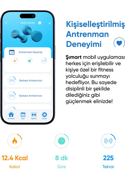 Akıllı Dambıl 2x1 kg Uygulama Destekli, Sesli Yönlendirmeli, LCD Ekranlı