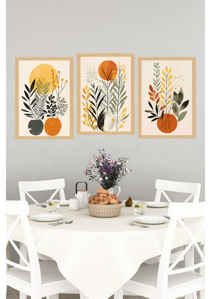 🌿 Turuncu Tonlarda Soyut Bitki ve Vazo Kompozisyonlu 3’lü Tablo Seti Çerçeve Görünümlü🌟 CRVS1158 21 x 30 indirimleri