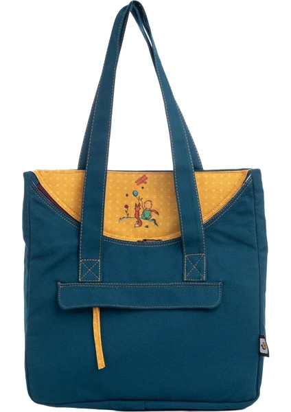 Petrol Mavisi Küçük Prens Desenli Canvas Kumaş Omuz Çantası