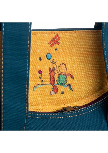 Petrol Mavisi Küçük Prens Desenli Canvas Kumaş Omuz Çantası modelleri