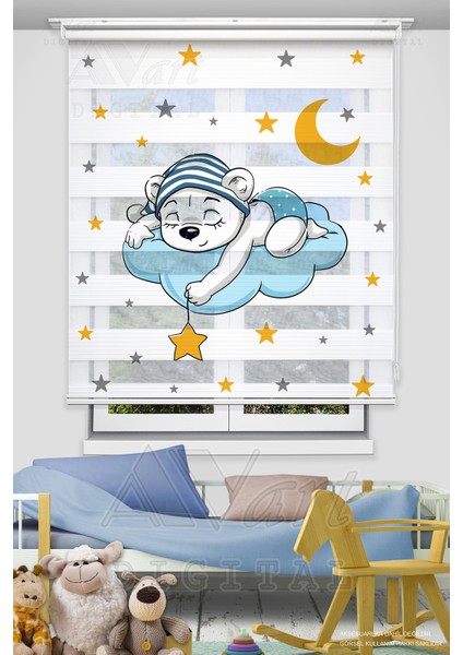 Sevimli Uyuyan Ayıcık Baskılı Çocuk Odası Perdesi - Dijital Baskılı Zebra Stor Perde