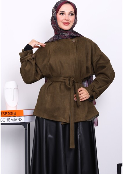 Haki Kol Apoletli Astarlı Süet Ceket