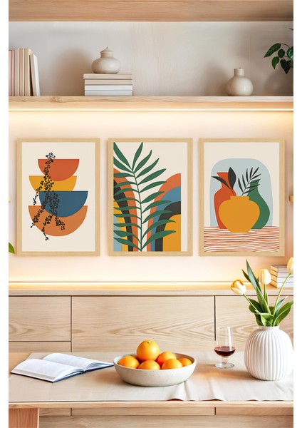 🌿 Renkli Vazo ve Yaprak Temalı 3'lü Çerçeve Görünümlü Tablo Seti 🌟 CRVS1178 13 x 17