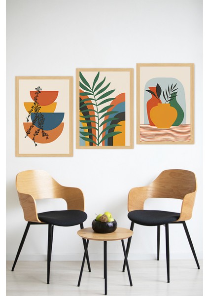 🌿 Renkli Vazo ve Yaprak Temalı 3'lü Çerçeve Görünümlü Tablo Seti 🌟 CRVS1178 13 x 17 modelleri