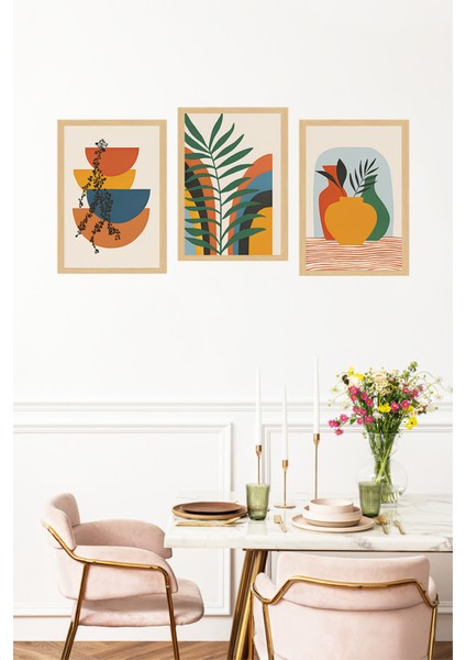 🌿 Renkli Vazo ve Yaprak Temalı 3'lü Çerçeve Görünümlü Tablo Seti 🌟 CRVS1178 13 x 17 fırsatları