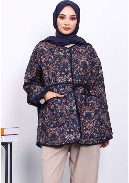 Petrol Mavisi Etnik Desenli Çıtçıtlı Ceket