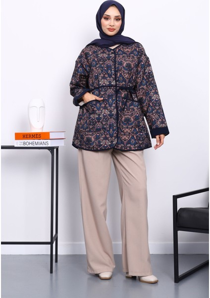 Petrol Mavisi Etnik Desenli Çıtçıtlı Ceket fiyatları