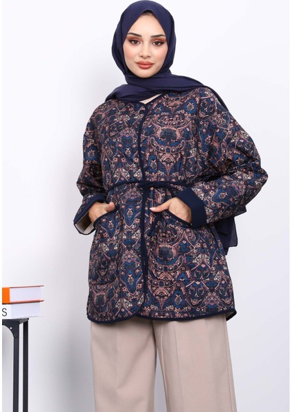 Petrol Mavisi Etnik Desenli Çıtçıtlı Ceket modelleri