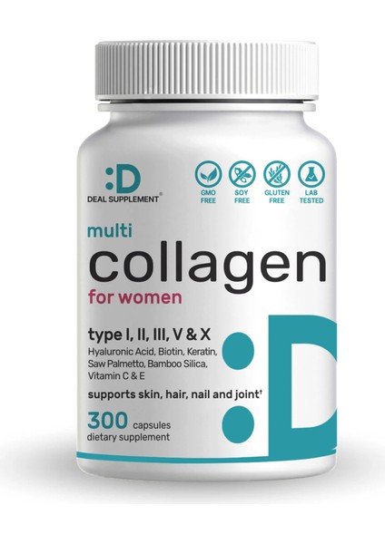 Multi-Collagen Pills For Women With Vitamin C, E, & Biotin, 300 Capsules