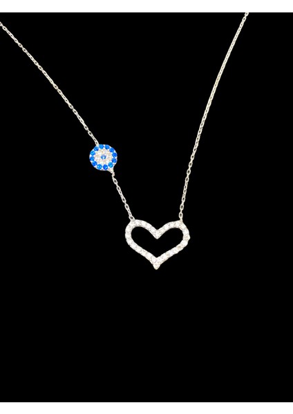 925 Ayar Nazar Boncuklu Kalp Tasarım Model, 40-45 cm Kolye Uzunluğu, Ağırlık Ortalama 2-2,5 gr Aralığında, Mükemmel Hediye 925 Ayar Gümüş Kolye (KOD2763)