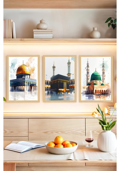 🕌 Kutsal Mekânlar Temalı 3’lü Tablo – Çerçeve Görünümlü Uv Baskı – Şık Dekor🌟 CRVS1182 13 x 17
