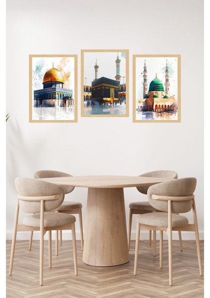 🕌 Kutsal Mekânlar Temalı 3’lü Tablo – Çerçeve Görünümlü Uv Baskı – Şık Dekor🌟 CRVS1182 13 x 17 fiyatları