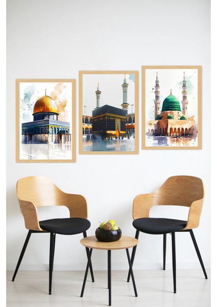 🕌 Kutsal Mekânlar Temalı 3’lü Tablo – Çerçeve Görünümlü Uv Baskı – Şık Dekor🌟 CRVS1182 13 x 17 modelleri