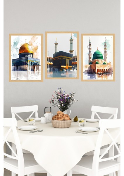 🕌 Kutsal Mekânlar Temalı 3’lü Tablo – Çerçeve Görünümlü Uv Baskı – Şık Dekor🌟 CRVS1182 13 x 17 indirimleri