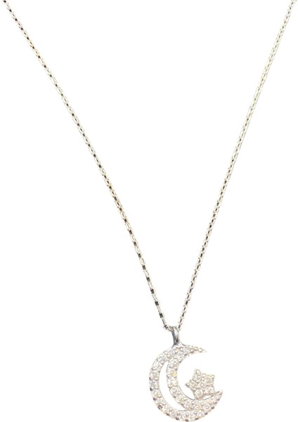 925 Ayar, Zirkon Taş Ay Yıldız Model, 40-45 cm Kolye Uzunluğu, Ağırlık Ortalama 2-2,5 gr Aralığında, Mükemmel Hediye 925 Ayar Gümüş Kolye (KOD2721)