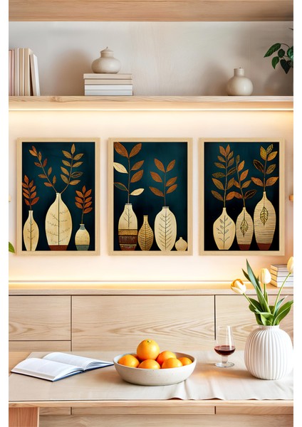 🌿 Altın Detaylı Vazo ve Bitki Temalı 3'lü Çerçeve Görünümlü Tablo Seti 🌿 CRVS1181 13 x 17