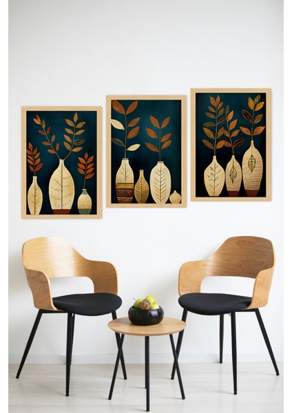 🌿 Altın Detaylı Vazo ve Bitki Temalı 3'lü Çerçeve Görünümlü Tablo Seti 🌿 CRVS1181 13 x 17 modelleri