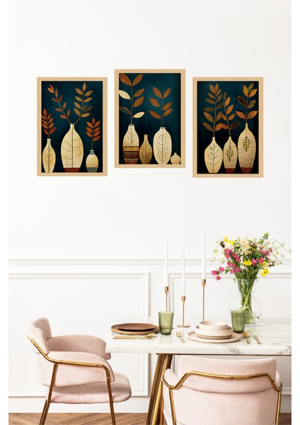 🌿 Altın Detaylı Vazo ve Bitki Temalı 3'lü Çerçeve Görünümlü Tablo Seti 🌿 CRVS1181 13 x 17 fırsatları