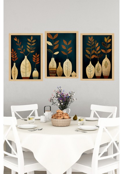 🌿 Altın Detaylı Vazo ve Bitki Temalı 3'lü Çerçeve Görünümlü Tablo Seti 🌿 CRVS1181 13 x 17 indirimleri