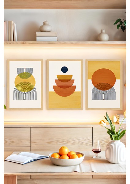 🌿 Geometrik Ahşap Stil Çerçeveli 3’lü Tablo Seti 🖼️ | Minimal & Modern Dokunuş 🌞🌟 CRVS1180 13 x 17