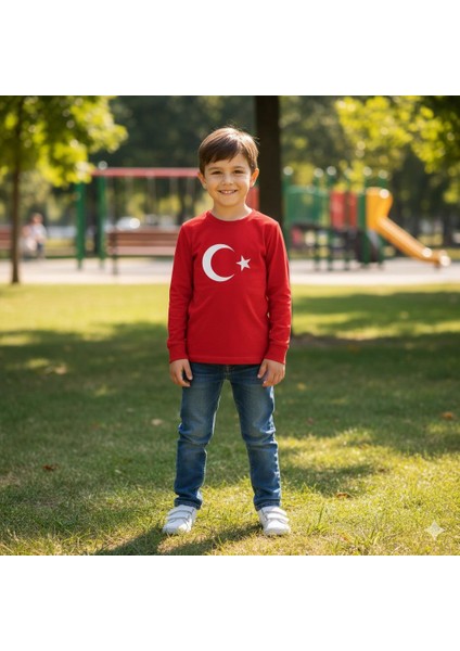 Unisex Çocuk Kırmızı Ay Yıldız Türk Bayraklı Uzun Kollu T-Shirt