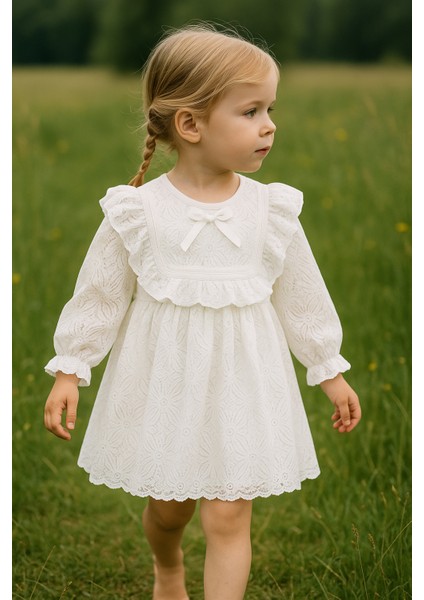 Kız Bebek Çocuk Uzun Kollu Dantelli Fiyonklu Fırfırlı Parti Düğün Doğum Günü Bayramlık Elbise