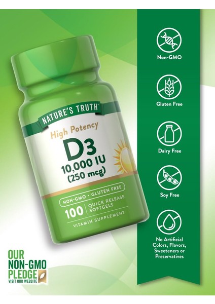 Natures Truth, Vitamin D3 High Potency, 250 Mcg (10,000 Iu), 100 Quick Release Softgels fiyatları