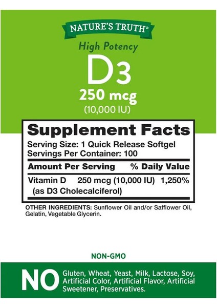 Natures Truth, Vitamin D3 High Potency, 250 Mcg (10,000 Iu), 100 Quick Release Softgels modelleri