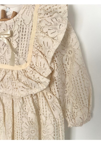 Kız Bebek Çocuk Uzun Kollu Dantelli Fiyonklu Fırfırlı Parti Düğün Doğum Günü Bayramlık Elbise