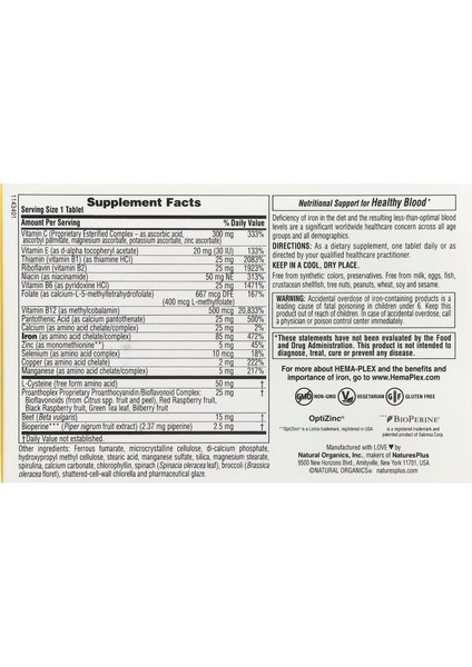 Natures Plus Hema-Plex Iron (B12 +B6 + Niacin + Demir + Zinc)- 30 Slow-Release Tablet modelleri