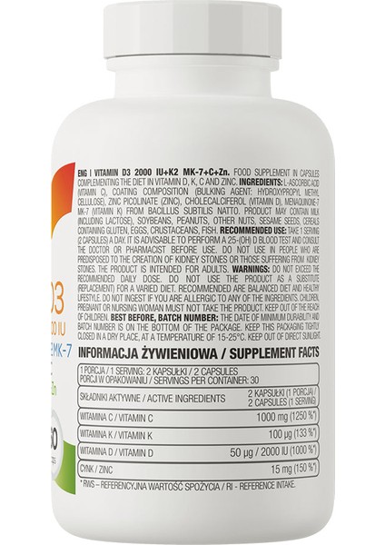 Vitamin D3 2000 Iu + K2 Mk-7 + C Vitamin + Zinc Çinko 60 Caps fiyatları