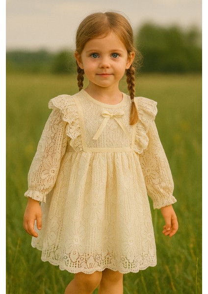 Kız Bebek Çocuk Uzun Kollu Dantelli Fiyonklu Fırfırlı Parti Düğün Doğum Günü Bayramlık Elbise