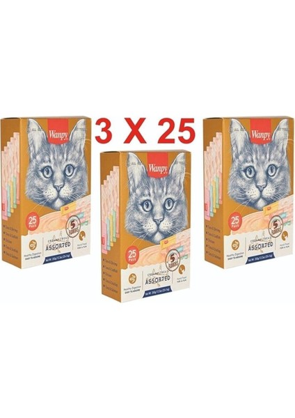 3 Paket Creamy Karışık Krema Sıvı Kedi Ödül Maması 75 Adet