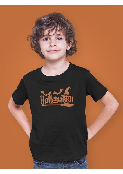 Halloween Yarasa Balkabağı Cadı Şapkası ve Süpürge Turuncu Çocuk Tişört T-Shirt