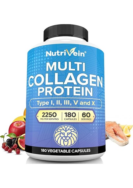 Premium Multi Collagen 2250 Mg - 180 Women And Men -Aging,joints,hair,skin,bones,nails
