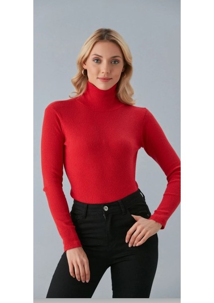 Kadın Pamuklu Balıkçı Yaka Kaşkorse Şardonlu Fitilli Slimfit Kazak Body Standart