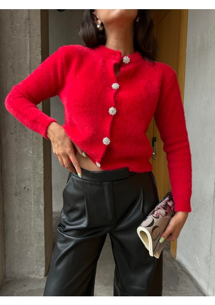 Kadın Kırmızı Yumuşak Dokulu Hırka Taşlı Düğme Detaylı 5559 indirimleri