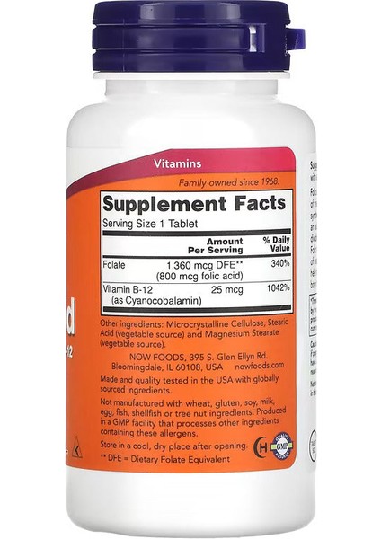 Now Folic Acid 800 Mcg With Vitamin B-12 250 Tablets fiyatları