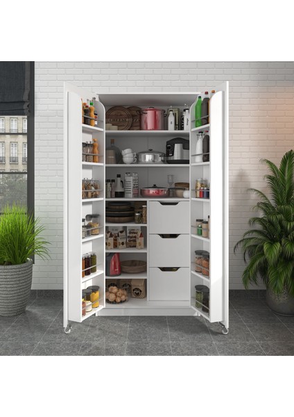 90 Derece Açılabilir 2 Kapaklı, 3 Çekmeceli, Kavanoz Raflı Kiler ve Erzak Mutfak Dolabı