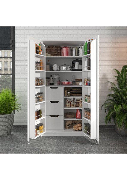 90 Derece Açılabilir 2 Kapaklı, 3 Çekmeceli, Kavanoz Raflı Kiler ve Erzak Mutfak Dolabı fiyatları