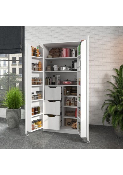 90 Derece Açılabilir 2 Kapaklı, 3 Çekmeceli, Kavanoz Raflı Kiler ve Erzak Mutfak Dolabı modelleri