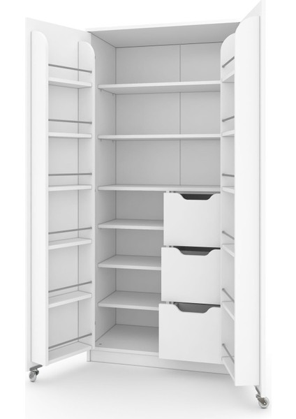 90 Derece Açılabilir 2 Kapaklı, 3 Çekmeceli, Kavanoz Raflı Kiler ve Erzak Mutfak Dolabı