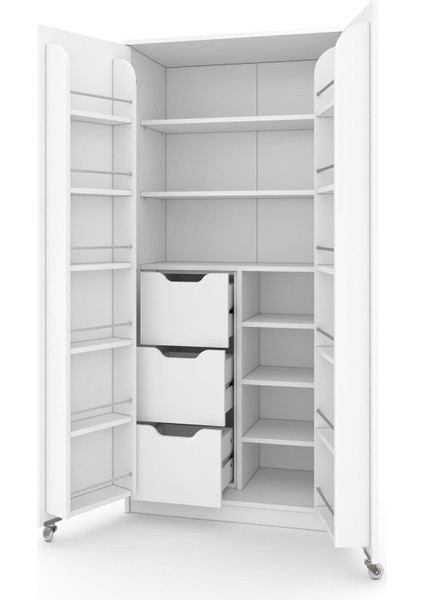 90 Derece Açılabilir 2 Kapaklı, 3 Çekmeceli, Kavanoz Raflı Kiler ve Erzak Mutfak Dolabı