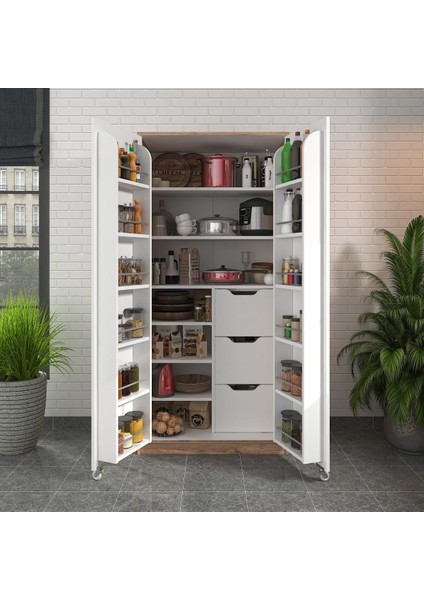 90 Derece Açılabilir 2 Kapaklı, 3 Çekmeceli, Kavanoz Raflı Kiler ve Erzak Mutfak Dolabı