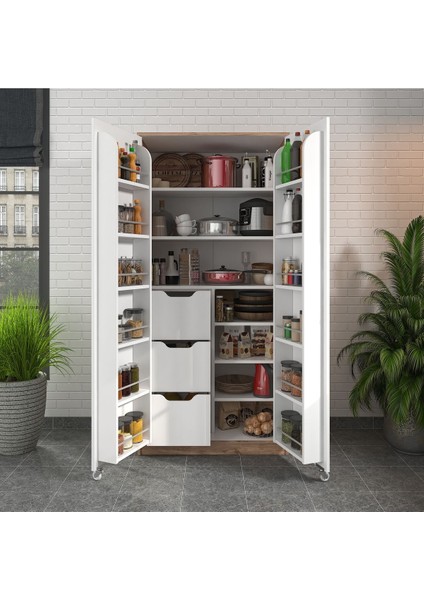 90 Derece Açılabilir 2 Kapaklı, 3 Çekmeceli, Kavanoz Raflı Kiler ve Erzak Mutfak Dolabı fiyatları