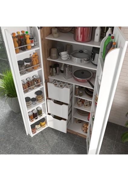 90 Derece Açılabilir 2 Kapaklı, 3 Çekmeceli, Kavanoz Raflı Kiler ve Erzak Mutfak Dolabı modelleri